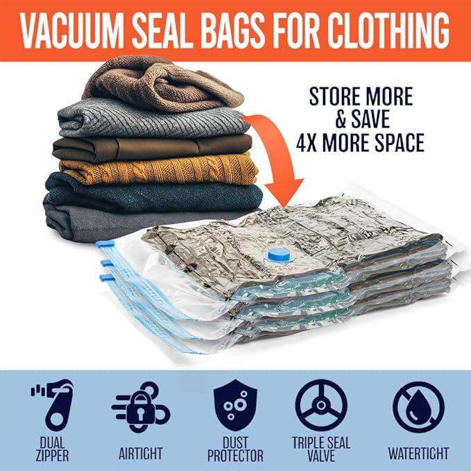 Vacuum Seal Bags for Clothing Travel, 10 Jumbo - Space Saver Vacuum Storage Bags, Blanket & Clothes Storage Bags Vacuum Sealed – Hand Pump Included, Bolsas Para Guardar Ropa Al Vacío-NeatNest