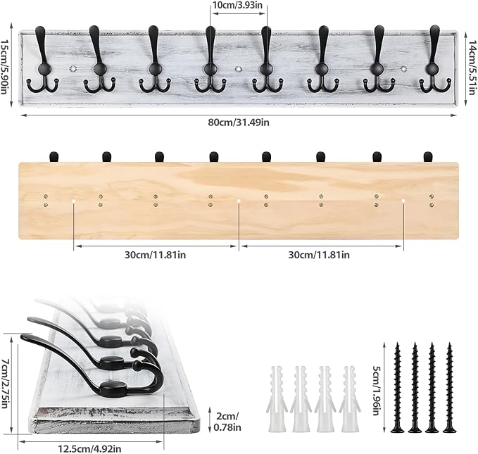 Coat Rack Wall Mount, Wooden Heavy Duty Coat Rack for Wall,8 Triple Coat Hanger Hooks for Hanging Coats,Jacket,Hat,Clothes (Grey White, 8 Hooks)-NeatNest