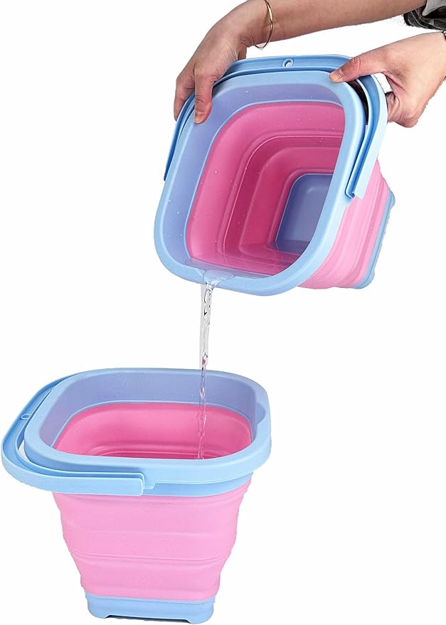 SAMMART Collapsible Rectangular Cleaning Bucket 5L (1.3 Gallon)- Foldable Camping Beach Sand Water Pot Pail- Portable Space Saving Tub for Household, Outdoor Car Washing (Cool Blue/Maglia Rosa)-NeatNest