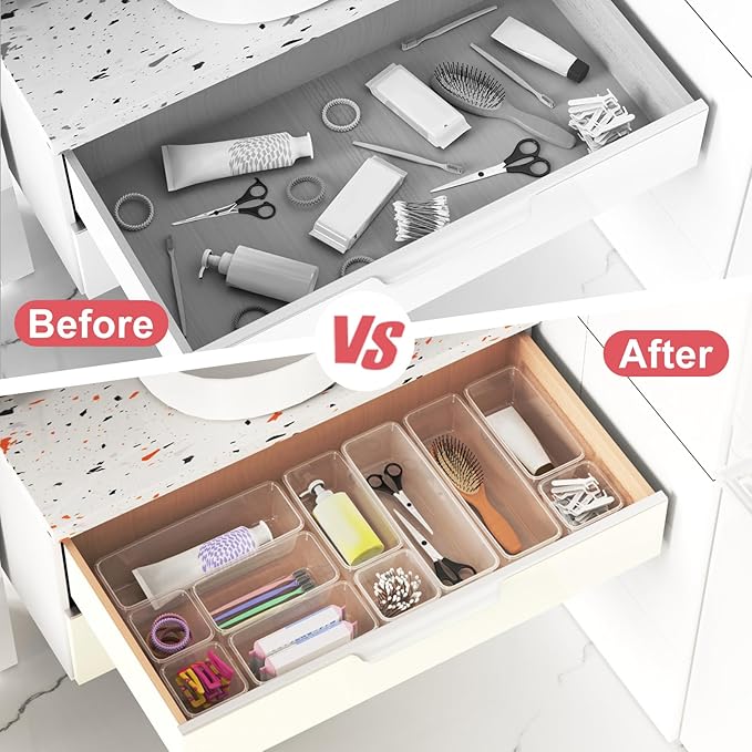 12 PCS Plastic Drawer Organizer Set, Sturdy 3-Size Makeup Vanity Desk Drawer Organizer Trays and Storage Bins for Cosmetics, Junk and Gadgets – Ideal for Bathroom, Bedroom, Office and Kitchen-NeatNest