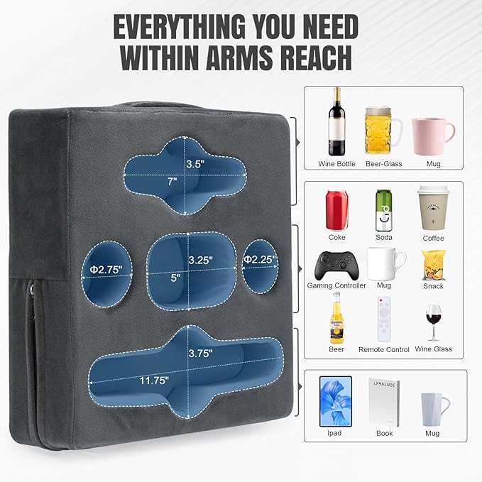 STBoo Couch Cup Holder Pillow - Sofa Drink Cup Holder Cozy Buddy | Bed Caddy Organizer Holds Remote, Snacks, Phones, Tablet | Waterproof Anti-Spill Sofa Beverage Tray for Car, Beach, RV, Boat (Grey)-NeatNest