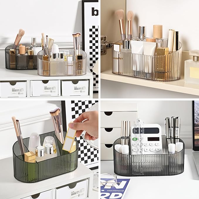 DASITON Large Capacity Makeup Brush Holder,5 Slot Makeup Brush Holder,Vintage striped Make Up Brush Holder,for Vanity Decor,Bathroom Countertops,Desk Storage Container,Cosmetic Display cases(Yelow)-NeatNest