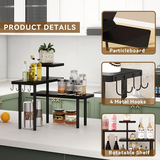 IBUYKE Countertop Organizer,3-Tier Spice Racks,Kitchen Counter Corner Shelf,4 Side Hooks,Adjustable Countertop Shelf for Kitchen, Bathroom, Coffee Bar, Cabinet, Desk,Black,TLJ023B-NeatNest