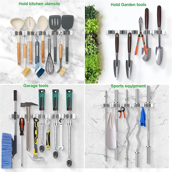 voze 3 Racks and 4 Hooks Mop and Broom Holder Wall Mount, Self Adhesive Heavy Duty Broom Organizer Storage Tool Racks for Kitchen Garden Laundry Garage-NeatNest