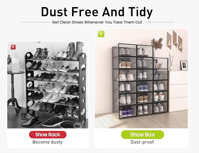 Kuject X-Large Shoe Storage Boxes Organizers Clear Plastic Stackable 12 Pack, Shoe Rack & Holder Substitute, Sneaker Containers, Toy Storage Organizer Bins for Entryway, Closet, Under Bed, Black-NeatNest