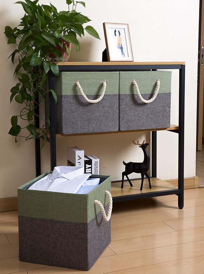 PRANDOM Large Foldable Cube Storage Bins 11x11 inch [2-Pack] Fabric Linen Storage Baskets Cubes Drawer with Cotton Handles Organizer for Shelves Nursery Closet Bedroom Green-NeatNest