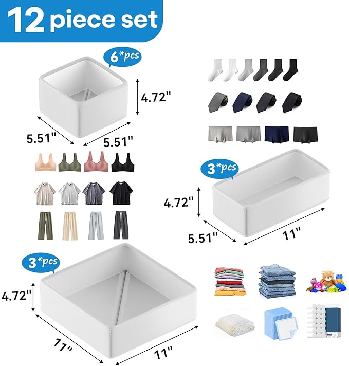 Vegan Leather Drawer Organizers,12 Pack Makeup Storage boxes,Vanity Drawer Luxury upgrade,Bedroom fabric Drawers replacement,bathroom organization and storage Optimal solution