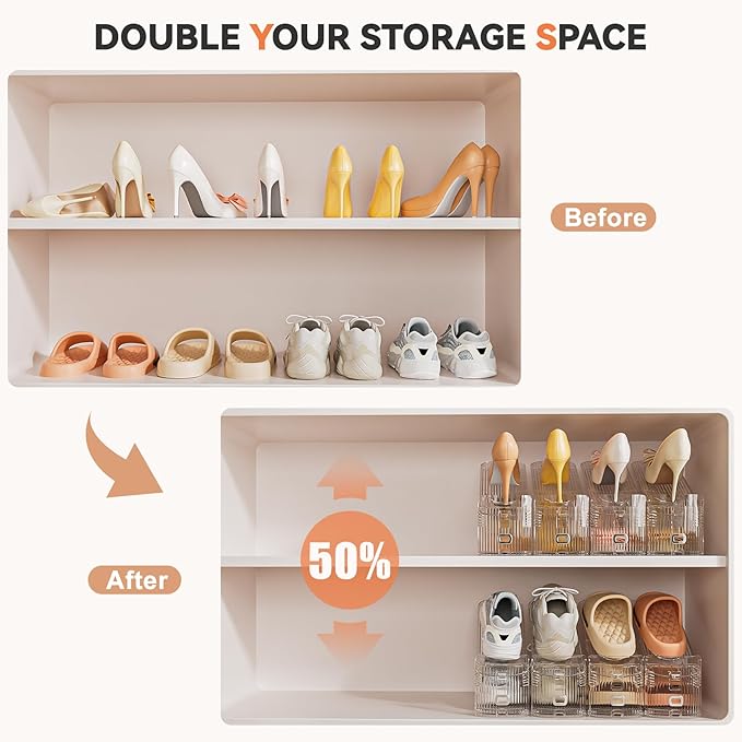 Neprock Shoe Slots Organizer for Closet, 20 Pack Acrylic Shoe Stackers Shoe Rack Holder, 3 Levels Adjustable Thickening Shoe Display Shoe Storage 50% Space Saving Zapateras Organizer (Clear,20 Pack)-NeatNest
