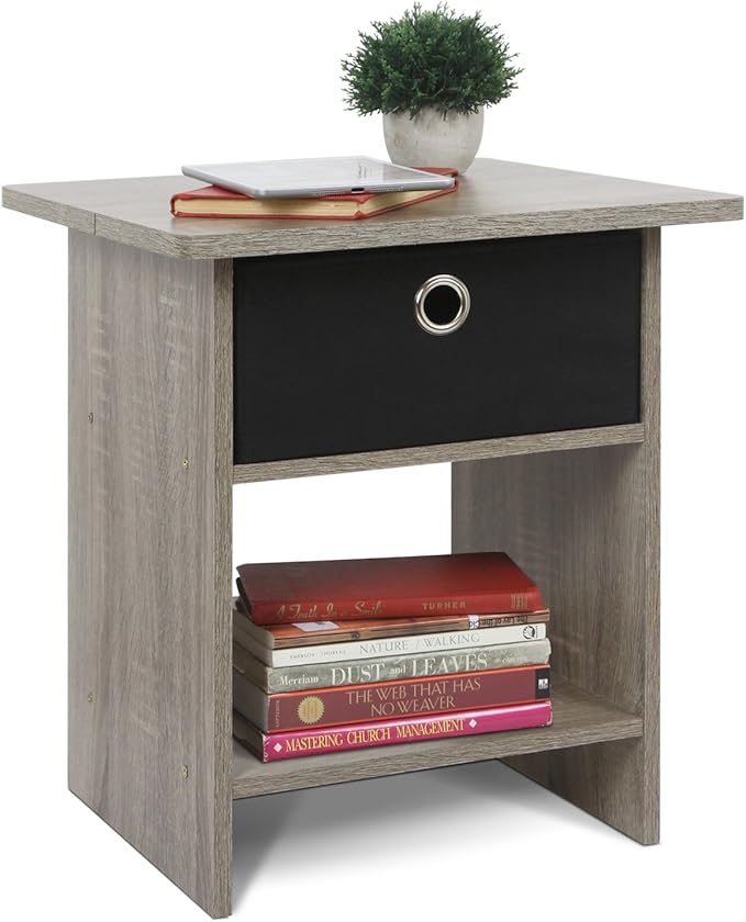 Furinno Dario End Table / Side Table / Night Stand / Bedside Table with Bin Drawer, 1-Pack, French Oak Grey/Black