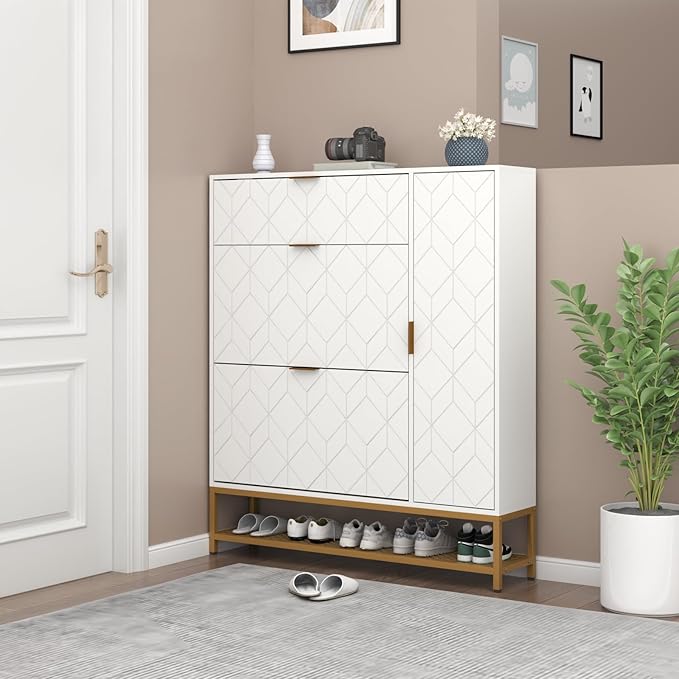 Loomie Shoe Cabinet,Freestanding Tipping Bucket Shoe Rack Organizer with 2 Flip Drawers,Entryway Narrow Shoe Storage with Adjustable Storage Shelf &Top Cubby,Modern Slim Hidden Shoe Cabinet, White-NeatNest