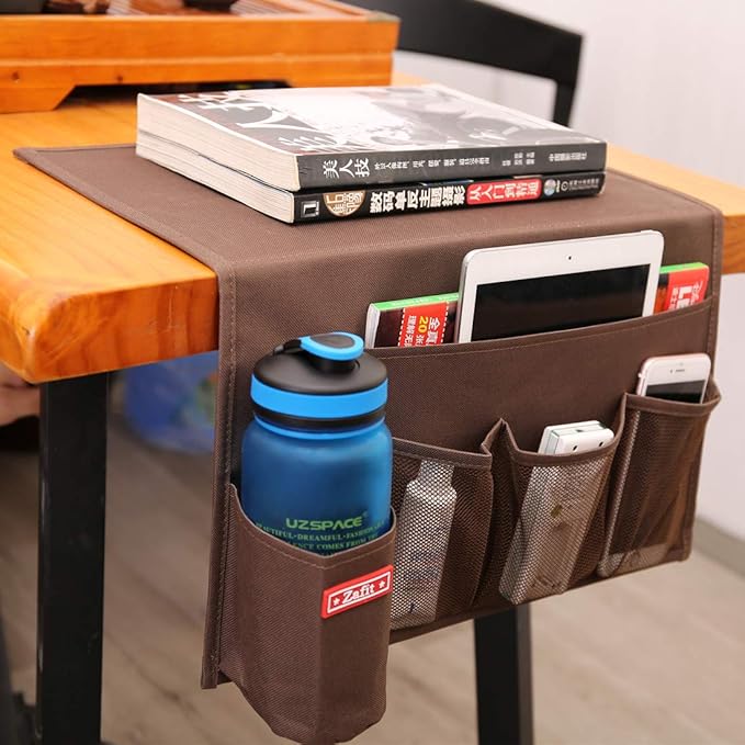 5 Pockets Bedside Caddy, Bedside Storage Organizer for Water Bottles, Magazines, Phone, Glasses (5 Pockets-Coffee)-NeatNest