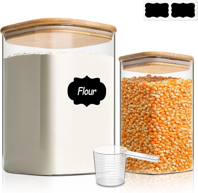 ComSaf Glass Food Storage Containers, 3.6Qt/1.2Qt Glass Flour and Sugar Containers with Airtight Lids, Large Square Jars with Bamboo Lids for Rice, Pasta, Oats, Grains, Cookies, Snacks, Candy-NeatNest