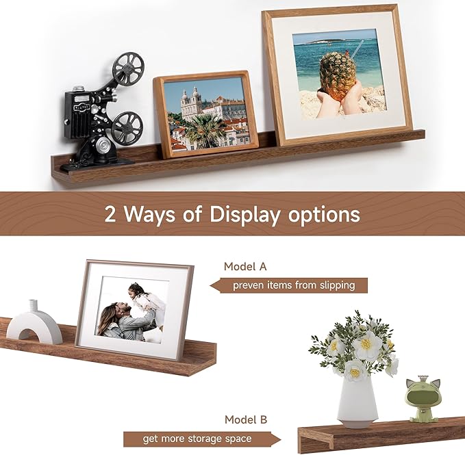 Fun Memories Picture Ledge Shelf, 36 Inch Floating Shelves Set of 2, Nursery Book Shelves for Toys Storage, Kids Bookshelf Wall Mounted for Wall Decor Books Photo Frames, Walnut-NeatNest