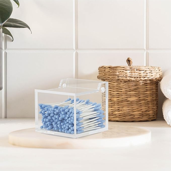 Clear Acrylic Qtip Holder With Lid Cotton Balls Swab Organizer,Square Q Tip Storage, Floss Picks, Bath Salts, Cotton Wab Holder,Home Bathroom Decor (DP011)-NeatNest