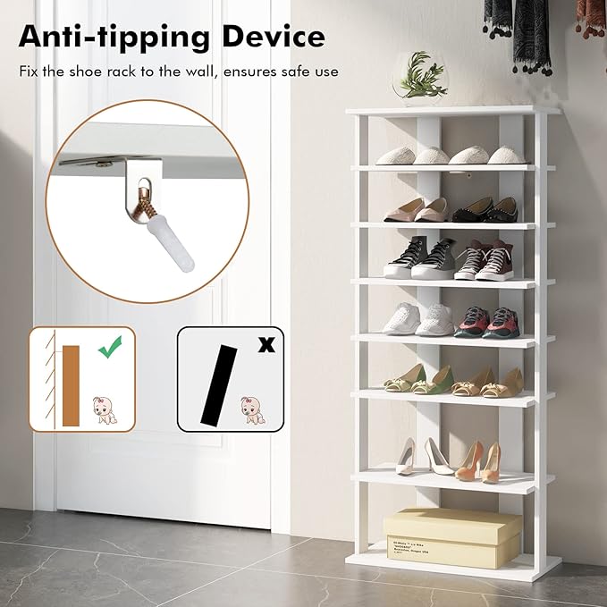 COSTWAY 7 Tiers Shoe Rack, Double Rows Vertical Tall Narrow Patented Shoe Organizer, Free Standing Shoe Rack for Small Space, Entryway, Closet, Living Room, Bedroom (White)-NeatNest