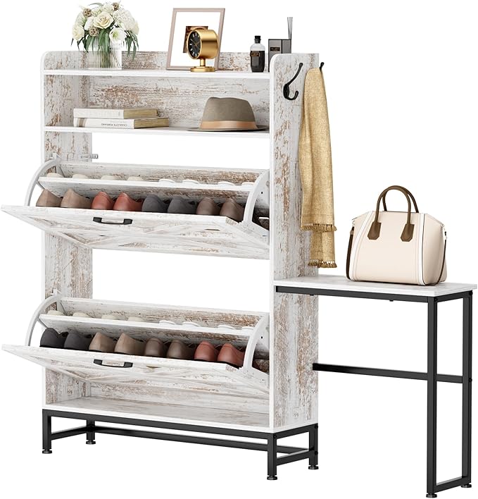Vibe & Dine Shoe Cabinet with 2 Flip Drawers and Shoe Bench, Farmhouse Shoe Storage Cabinet for Entryway, Freestanding Slim Shoe Organizer Cabinet, Narrow Shoe Rack Cabinet with Metal Legs, White-NeatNest