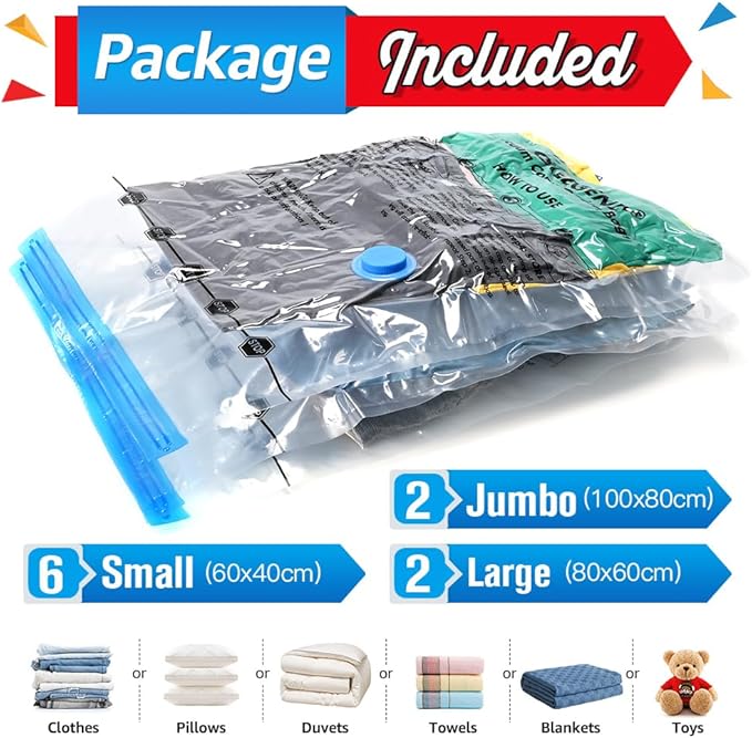 BoxLegend Vacuum Storage Bags 10 Combo Vacuum Pack Bags Space Saving Double Zipper Seal & Leak Valve Reusable for Clothes Pillow Comforters Bedding,2XL, 2L, 6S, 1 Large Pump-NeatNest