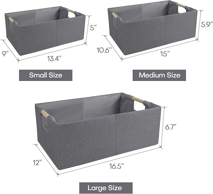 ANMINY 4PCS Storage Baskets for Organizing Collapsible Fabric Storage Bins Boxes with Wood Handles Closet Shelves Cube Organizer Bins Clothes Laundry Storage Container - Medium, Gray-NeatNest