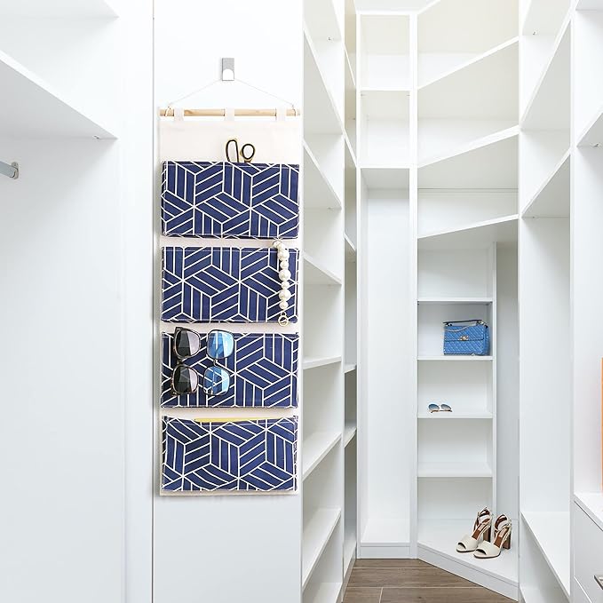 CROWNED 2Pcs Over Door Hanging Storage Bags Wall Mount Closet Organizer, 4 Big Pockets Linen Cotton Fabric Multi Functional Living Room Bedroom Bathroom File Magazine Waterproof Free Hooks Navy-NeatNest