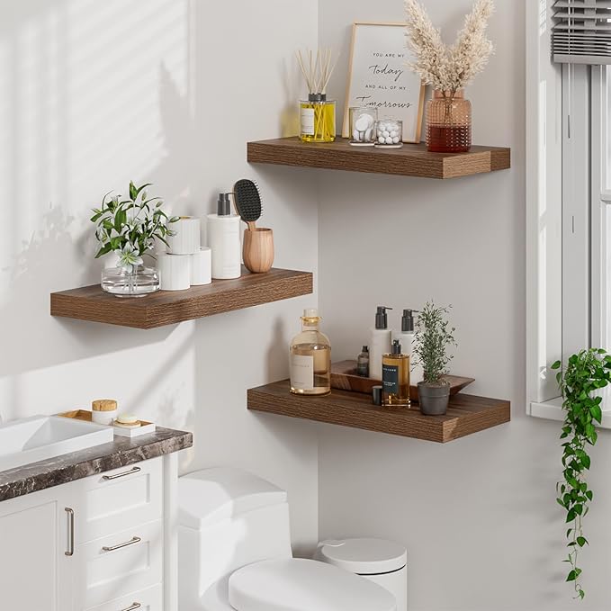 Heimlove 12" Deep Walnut Floating Shelves for Wall, 24 Inch Wall Shelf Bathroom Shelves Set of 2, Wall Mounted Shelves for Books Living Room Laundry Room Bedroom Kitchen Home Office-NeatNest