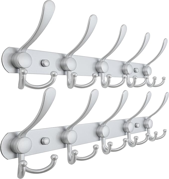 Dseap Coat Rack Wall Mounted - 5 Tri Hooks, Heavy Duty, Stainless Steel, Metal Coat Hook Rail for Coat Hat Towel Purse Robes Mudroom Bathroom Entryway (Silver, Pack of 2)-NeatNest
