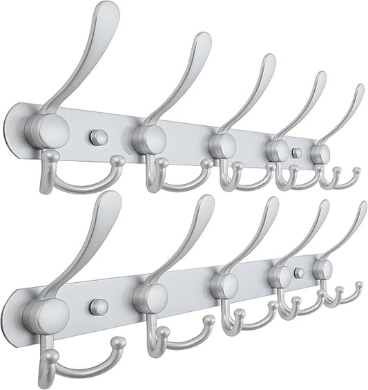 Dseap Coat Rack Wall Mounted - 5 Tri Hooks, Heavy Duty, Stainless Steel, Metal Coat Hook Rail for Coat Hat Towel Purse Robes Mudroom Bathroom Entryway (Silver, Pack of 2)-NeatNest