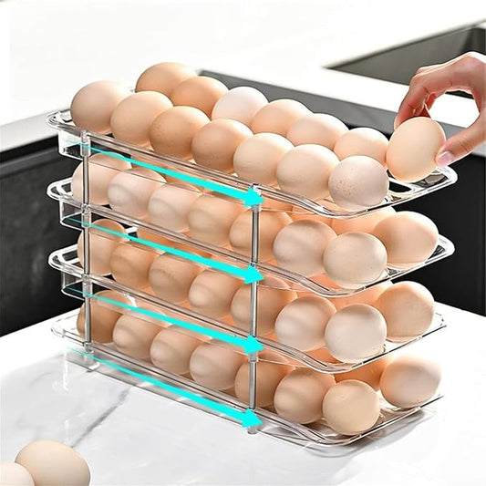 Egg Holder,4 Tier Clear Organizer with Auto-Roll Design, Adjustable Height Egg Storage Container Holds Up to 56 Eggs for Refrigerator,Kitchen Cabinet