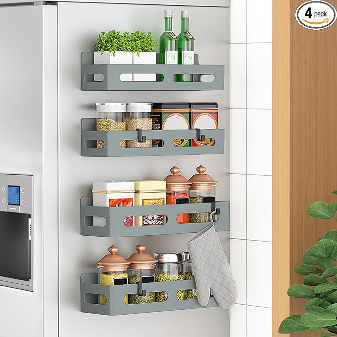 4 Pack Magnetic Spice Rack for Refrigerator, Spice Rack Organizer, Moveable Magnetic Shelf Fridge Organizer with 4 Hooks for Kitchen and Oven Organization, Grey