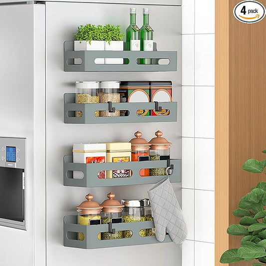 4 Pack Magnetic Spice Rack for Refrigerator, Spice Rack Organizer, Moveable Magnetic Shelf Fridge Organizer with 4 Hooks for Kitchen and Oven Organization, Grey