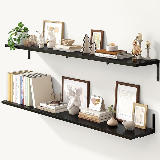 Fun Memories Deep Floating Shelves, 55W x 8D Floating Shelves Set of 2, Wall Mounted Shelf with Metal Brackets, Rustic Wood Wall Shelf for Bathroom, Kitchen and Living Room, Black-NeatNest