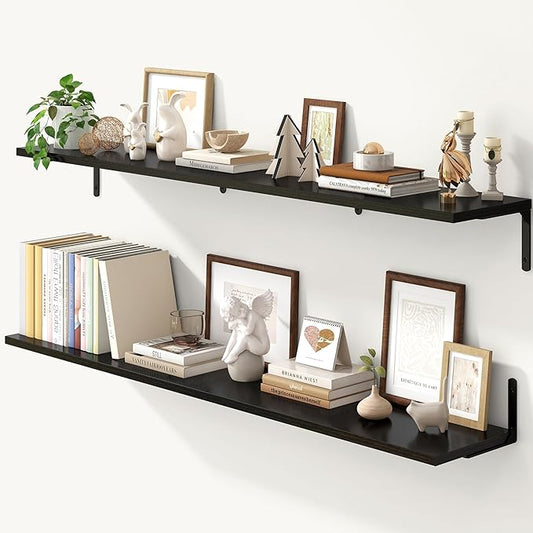 Fun Memories Deep Floating Shelves, 55W x 8D Floating Shelves Set of 2, Wall Mounted Shelf with Metal Brackets, Rustic Wood Wall Shelf for Bathroom, Kitchen and Living Room, Black-NeatNest