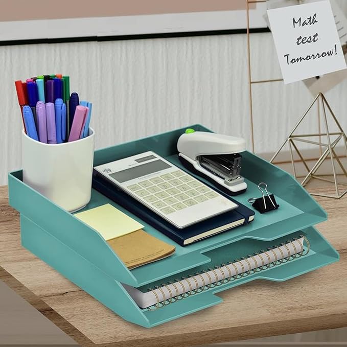 Acrimet Stackable Letter Tray 2 Tier Side Load, Plastic, Desktop File Organizer (Solid Green Color)-NeatNest
