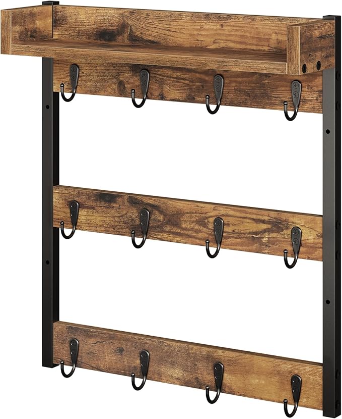 Coffee Mug Holder Stand, 3 Tier Mug Tree Rack, Hanging 12 Cups, with Top Shelf, for Kitchen, Dining Room, Living Room, Cafe, Rustic Brown MH42BR-NeatNest