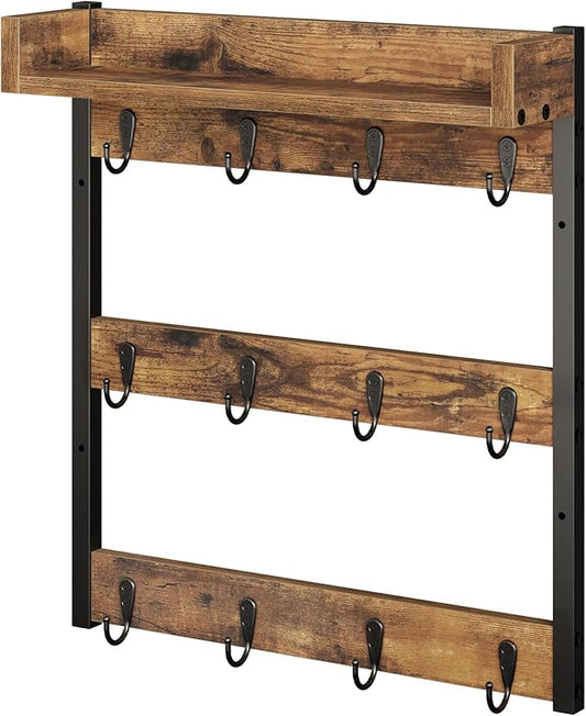 Coffee Mug Holder Stand, 3 Tier Mug Tree Rack, Hanging 12 Cups, with Top Shelf, for Kitchen, Dining Room, Living Room, Cafe, Rustic Brown MH42BR-NeatNest