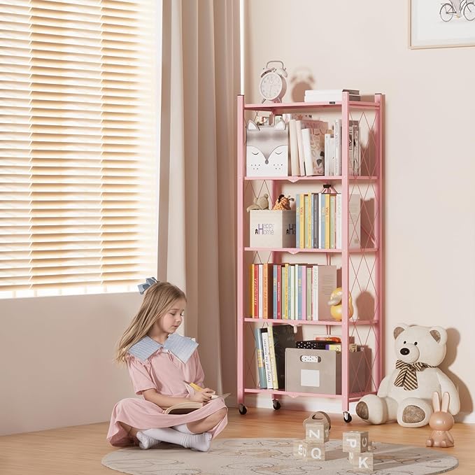 ALANNG 2-Pack Folding Bookshelf on Wheels, Cute Rolling Shelves for Bedroom, Colorful Storage Cart for Kids Rooms, Nursery, No Assembly Metal Book Shelf (5 Tier, Pink)