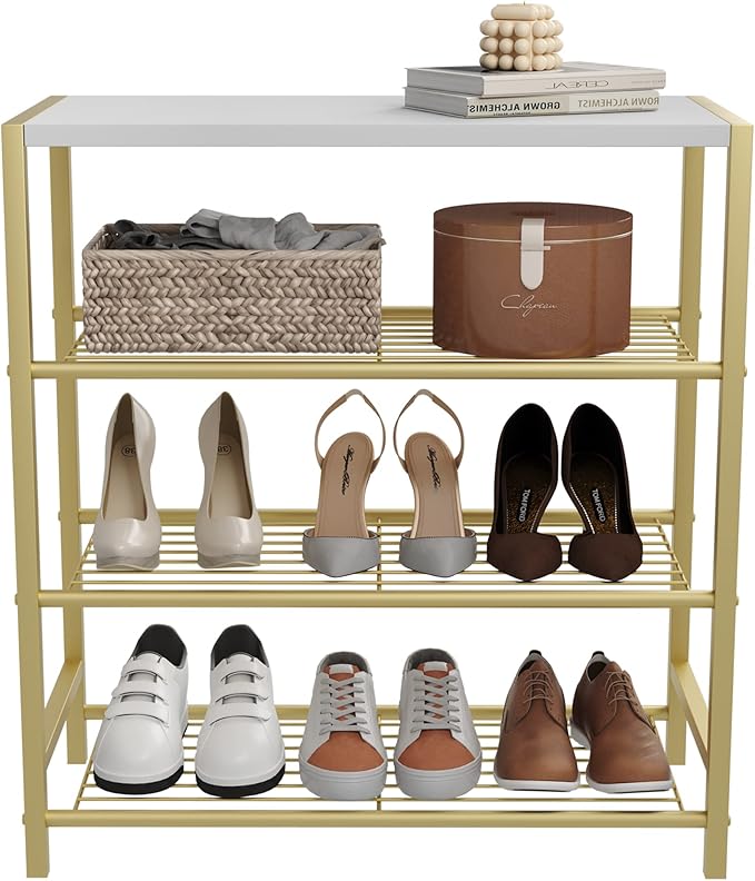 HOMEFORT 4-Tier Shoe Rack, Shoe Storage Shelf, Industrial Shoe Tower, Narrow Shoe Organizer for Closet Entryway, Small Shoe Rack Table with Durable Metal Shelves, Gold-NeatNest