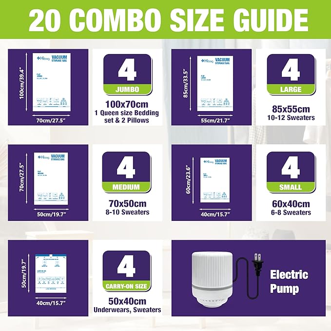 HIBAG Vacuum Storage Bags with Electric Pump, Vacuum Seal Space Saver Bags for Clothes, Clothing, Pillows, Blanket Bedding Comforters, Combo 20 pack-NeatNest