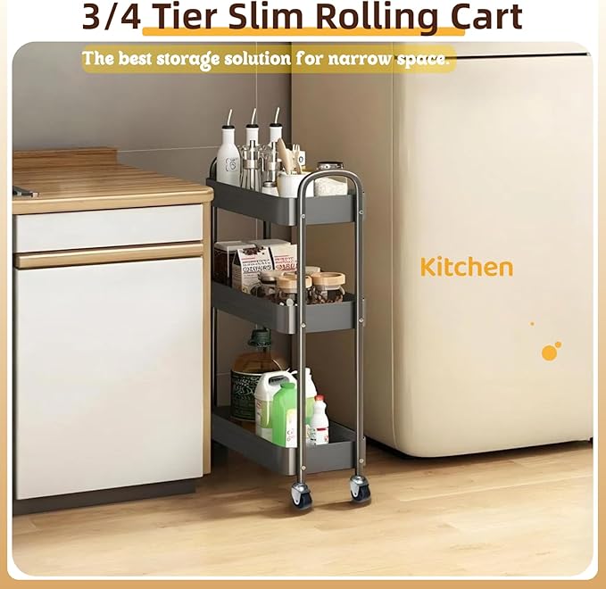 3 Tier Slim Metal Rolling Storage Cart for Laundry Room Storage & Kitchen Organizer, 7.1'' Wide Thin Shelf for Narrow Spaces, Rolling Cart with Wheels & Lockable Casters for Bathroom, Black