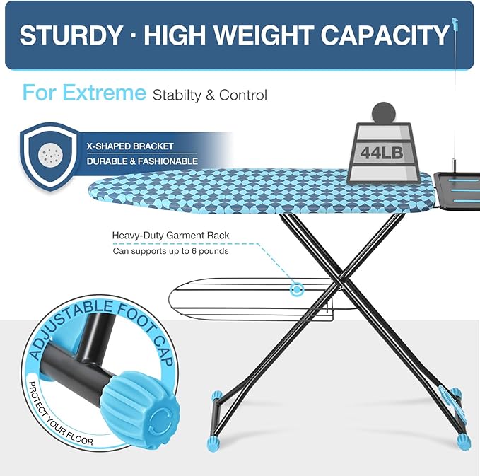 APEXCHASER Ironing Board, Foldable Iron Board with Iron Rest, Metal Panel Ironing Board, Adjustable Height Heavy Duty Irons Board with Germent Rack, Heat & Scorch Resistant Cover, 13x43 Blue