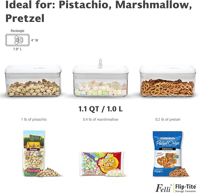 Felli Flip Tite Food Storage Container with Lid 4” RECTANGLE Airtight Ring Flip Lock Top, Stackable Acrylic Canister Set for Kitchen Fridge Pantry Organizer, Veggie Fruit Tea Bag Snack (1.1 qt)-NeatNest