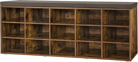 DINZI LVJ Shoe Storage Bench with Cushion, 15-Cubby Rack, Adjustable Shelves, Long Organizer Bench for Entryway, Mudroom, Hallway, Living Room, Bedroom and Garage, Rustic Brown-NeatNest