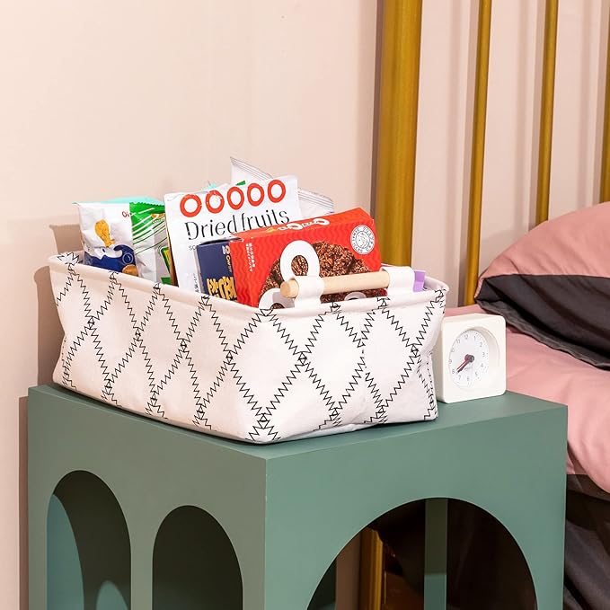 Decorative Collapsible Rectangular Fabric Storage Bin Organizer Basket with Wooden Handles for Clothes Storage,15.4x10.6x5.1 inch,White-NeatNest