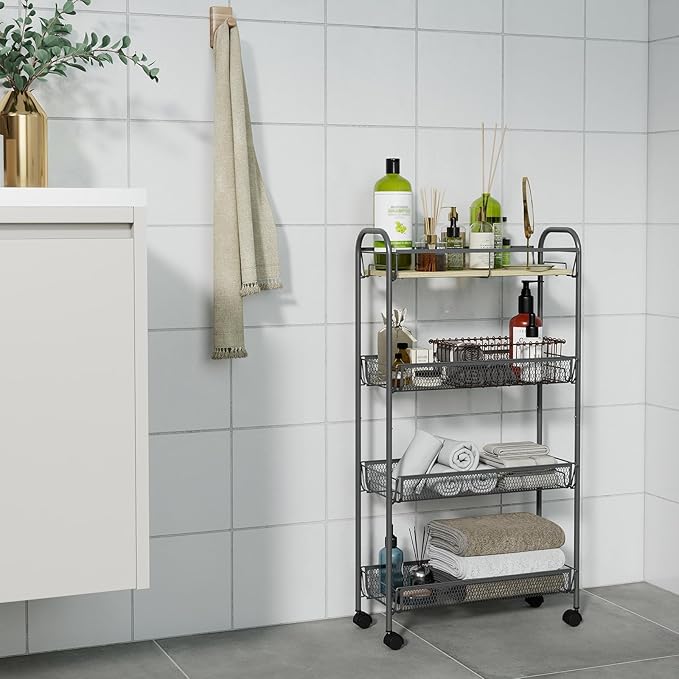 Sekey 4 Tier Rolling Cart Metal, Snap-Together Utility Cart on Wheels, Slim Storage Cart with Universal Wheels for Baby Nursery, Bathroom, Kitchen, Laundry Room, Gray