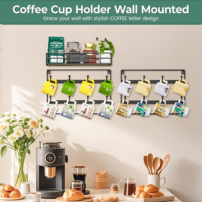 EsLuker.ly Wall Mounted Mug Hanger Rack With Hooks, Coffee Cup Holder Display, Shelf for Kitchen Coffee Bar Organizer, Space-Saving Hanging Storage for 16 Cups, Black-NeatNest