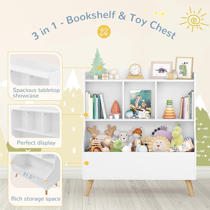 Curipeer Kids Bookshelf and Toy Storage, 3-Tier Wooden Open Bookcase, Baby Book and Toy Storage Display Organizer with Spacious Top Shelf for Children, Family, White(Large Size)-NeatNest