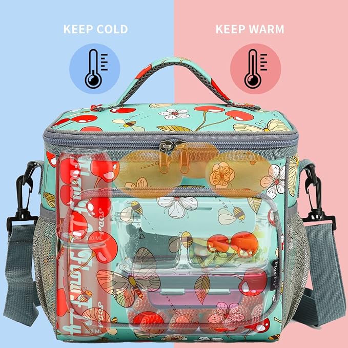 FlowFly Insulated Reusable Lunch Bag Adult Large Lunch Box for Women and Men with Adjustable Shoulder Strap,Front Zipper Pocket and Dual Large Mesh Side Pockets,Cherry-NeatNest