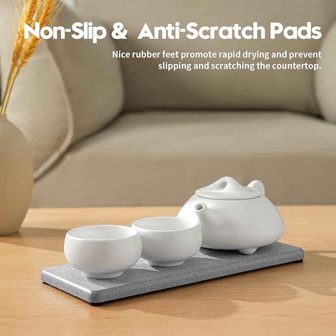 2PCS Bathroom Counter Vanity Trays, Water Absorbing Diatomite Stone Quick Drying Mat for Kitchen Sink Counter, Dish Rack Soap Dispenser Sponge Holder Caddy Organizer, Light Gray, 9"x 3.5"-NeatNest