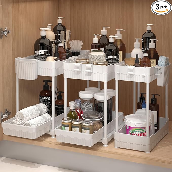 3 Pack Under Sink Organizers, 2-Tier Multi-Use Kitchen and Bathroom Organizers and Storage with Sliding Drawers，Bathroom Cabinet Organizer (White, 12.8 Inch)-NeatNest