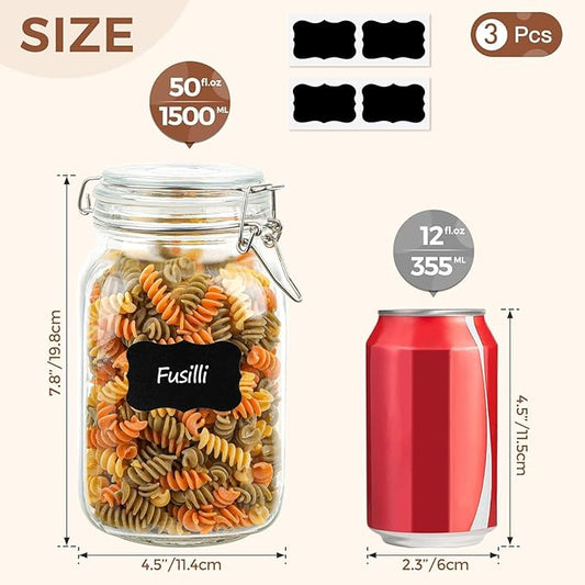 ComSaf Airtight Glass Canister Set of 3 with Lids 50oz Clear Food Storage Jars Square, Kitchen & Pantry Organization Food Storage Container for Canning, Sugar, Flour, Pasta, Candy, Cereal, Coffee-NeatNest