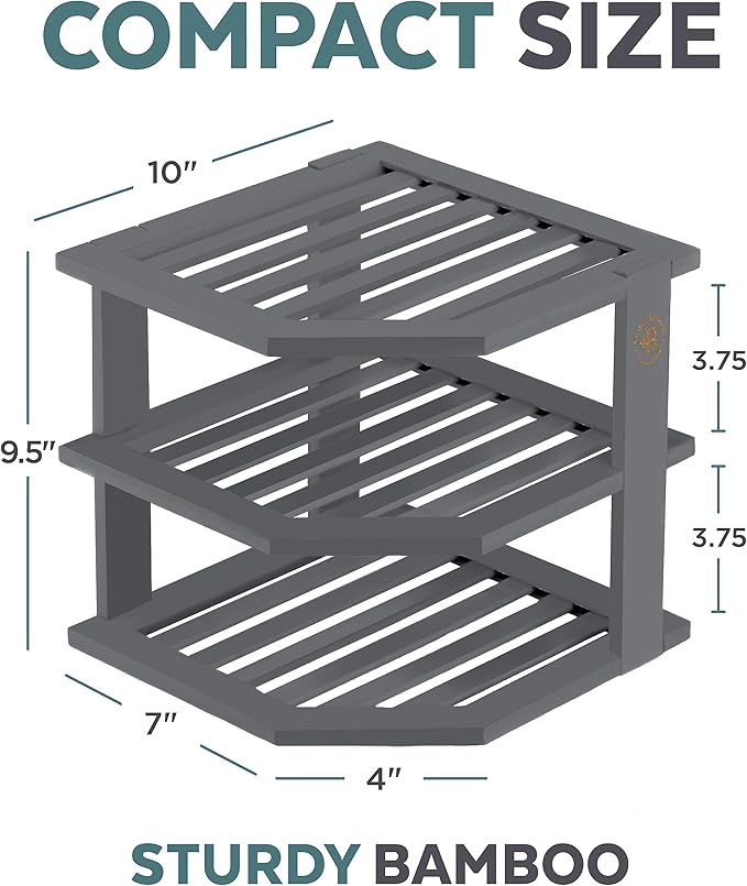 Cabinet Organizer Shelf - Bamboo Corner Rack for Kitchen Counter, Cabinet Space Saver for Plates, Dishes, Bowls, Bread Pantry, Bathroom Storage or Countertop Stand, Grey-NeatNest